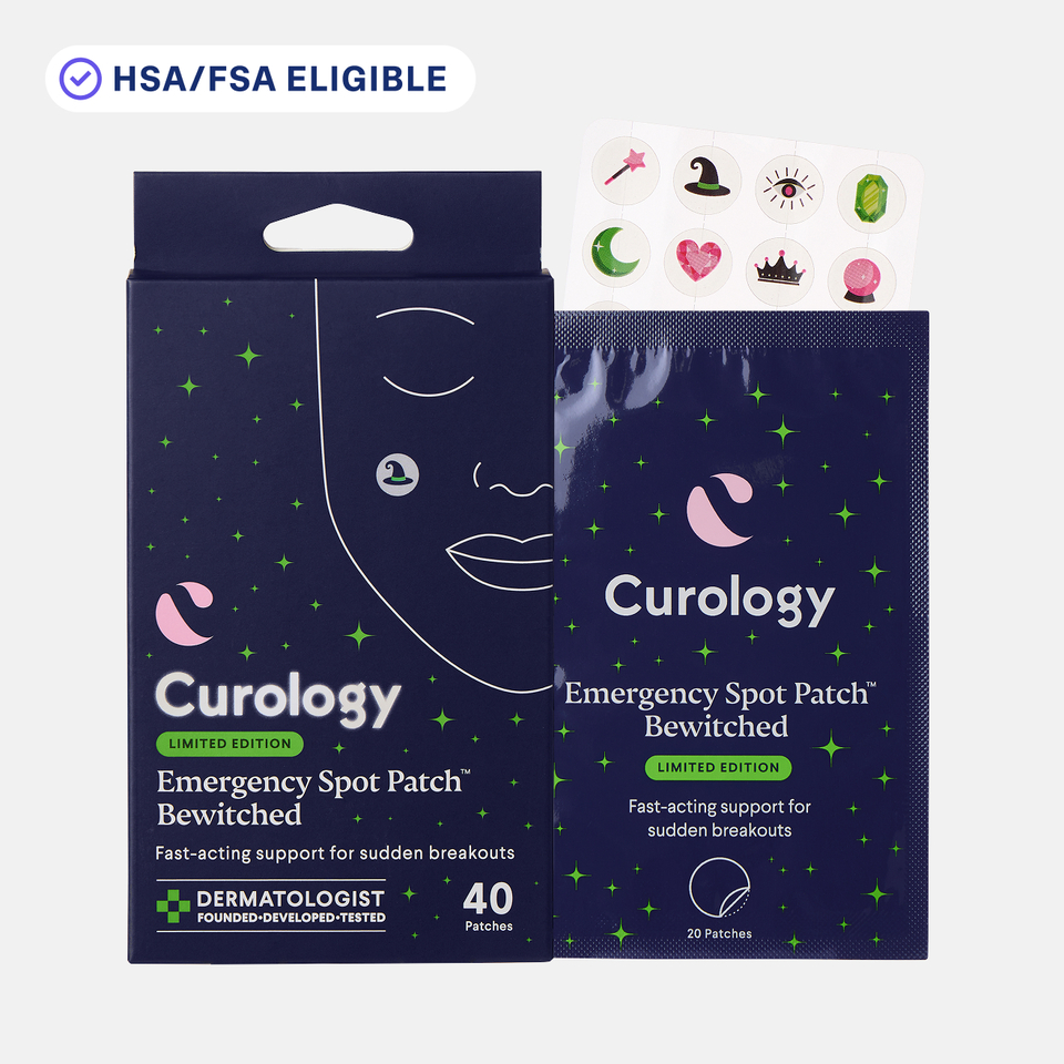 Curology Emergency Spot Patch ‘Bewitched’ limited-edition packaging in dark blue with green accents, showing a box and an open pouch with decorative acne patches, labeled ‘Fast-acting support for sudden breakouts,’ with an HSA/FSA eligible badge above.