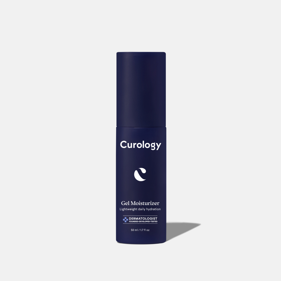 Curology Gel Moisturizer in a dark blue pump bottle, labeled ‘Lightweight daily hydration,’ dermatologist founded, developed, and tested.