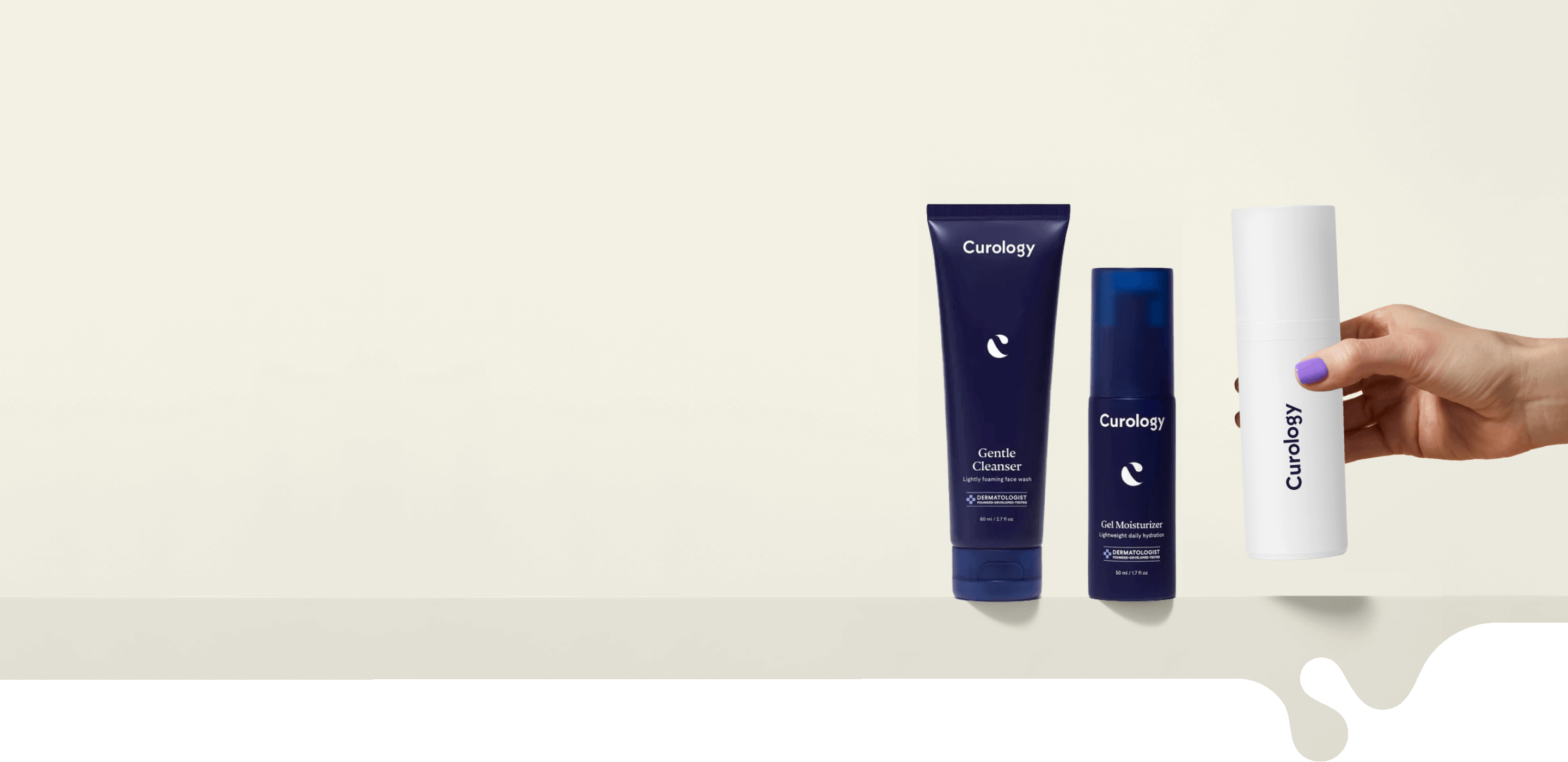 Four Curology products — Gentle Cleanser, Cream Moisturizer, Everyday Sunscreen (spf 30) and Emergency Spot Patches — against a beige background